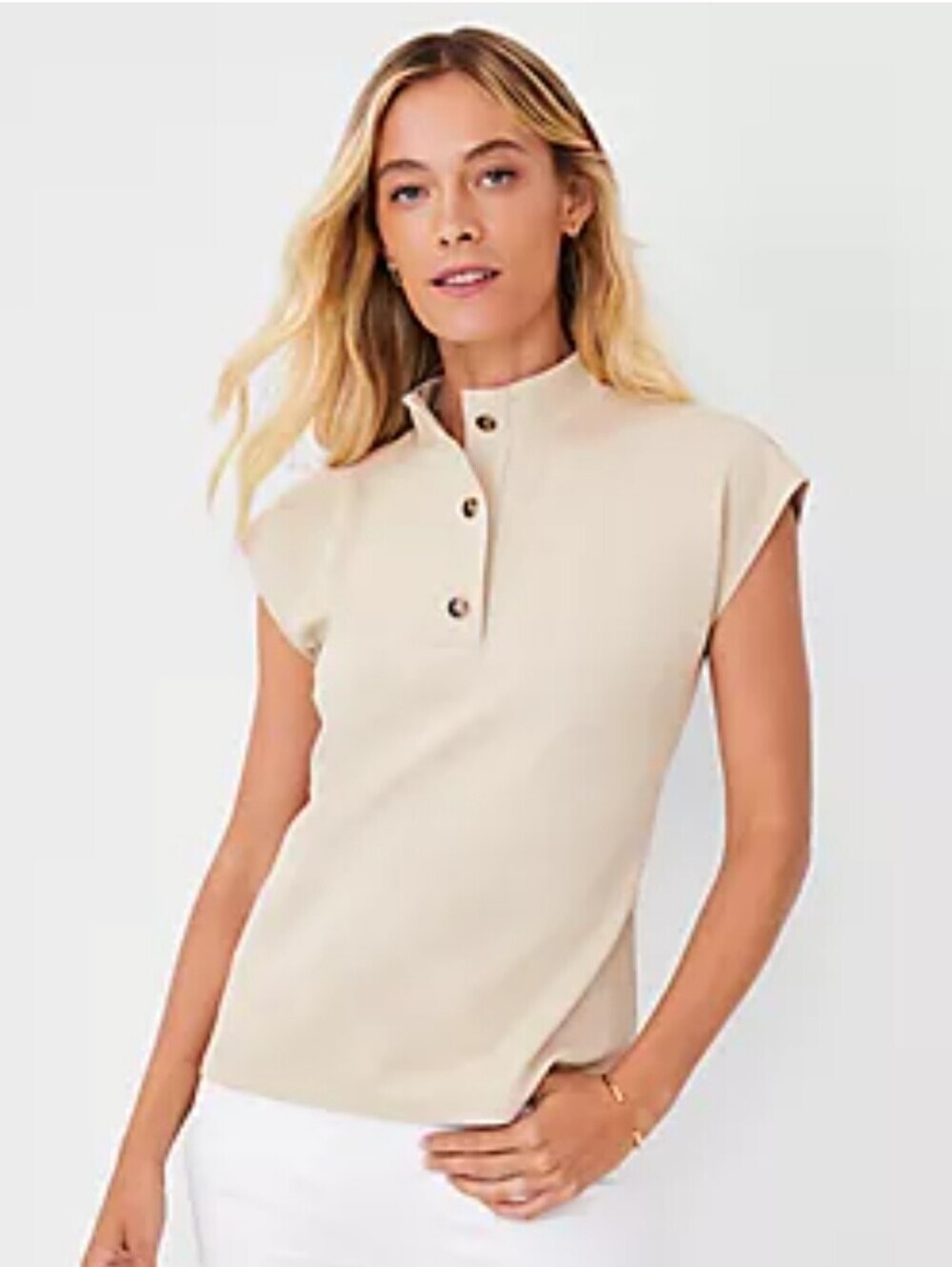 NWT Ann Taylor Toasted Oat Short-Sleeve Mock Neck Button Top
